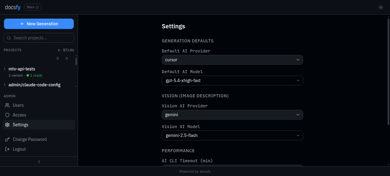 Admin settings page with generation defaults, vision AI configuration, and performance settings