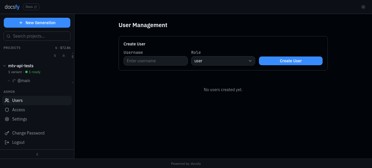 Admin user management panel with user list, roles, and create user form