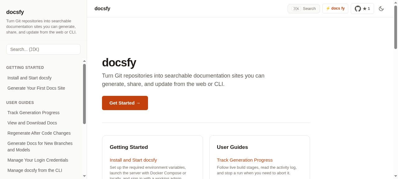 Generated documentation site homepage with navigation sidebar and getting started links