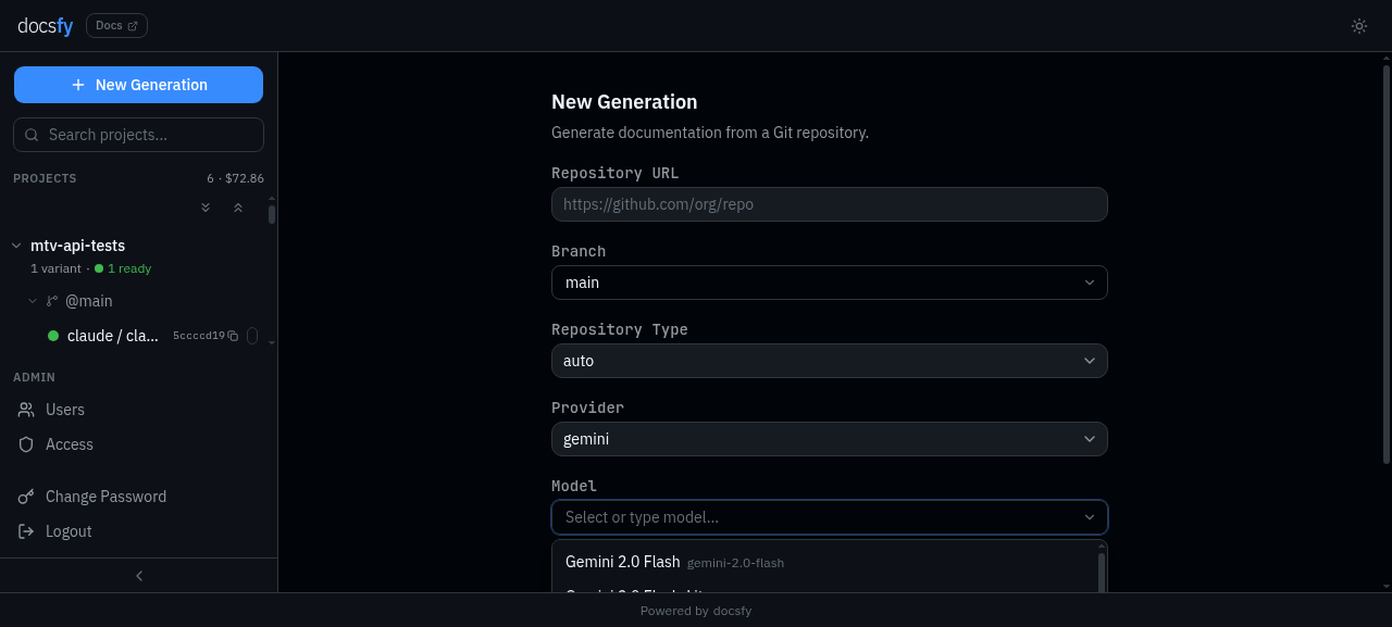 Generate form with Gemini provider selected showing the available AI models dropdown