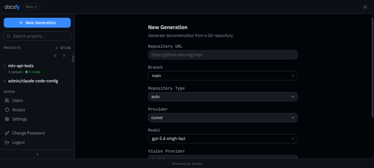 New generation form with repository URL, branch, provider, model, vision provider, and repository type fields