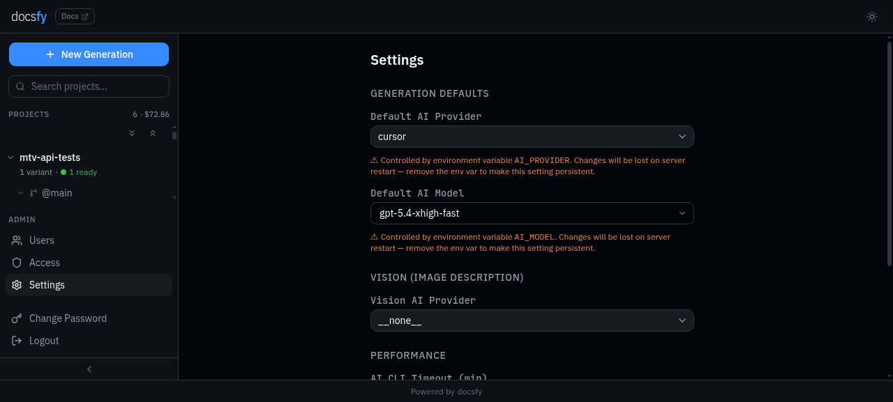 Variant detail panel showing generation status, page count, commit SHA, and documentation links